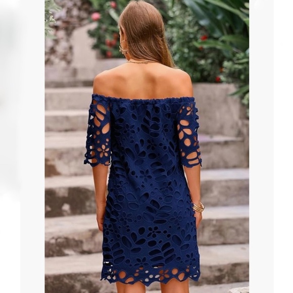 Pretty Garden Navy Blue Lace Off-Shoulder Floral Mini Dress - Small - Picture 2 of 7